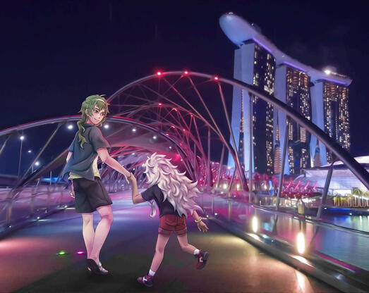 Illustration of David and his child in Under the Same Sky style from FGO, with background photograph of Helix Bridge