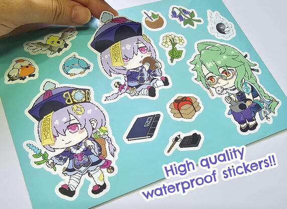 Sticker sheet featuring Qiqi and Baizhu from Genshin Impact